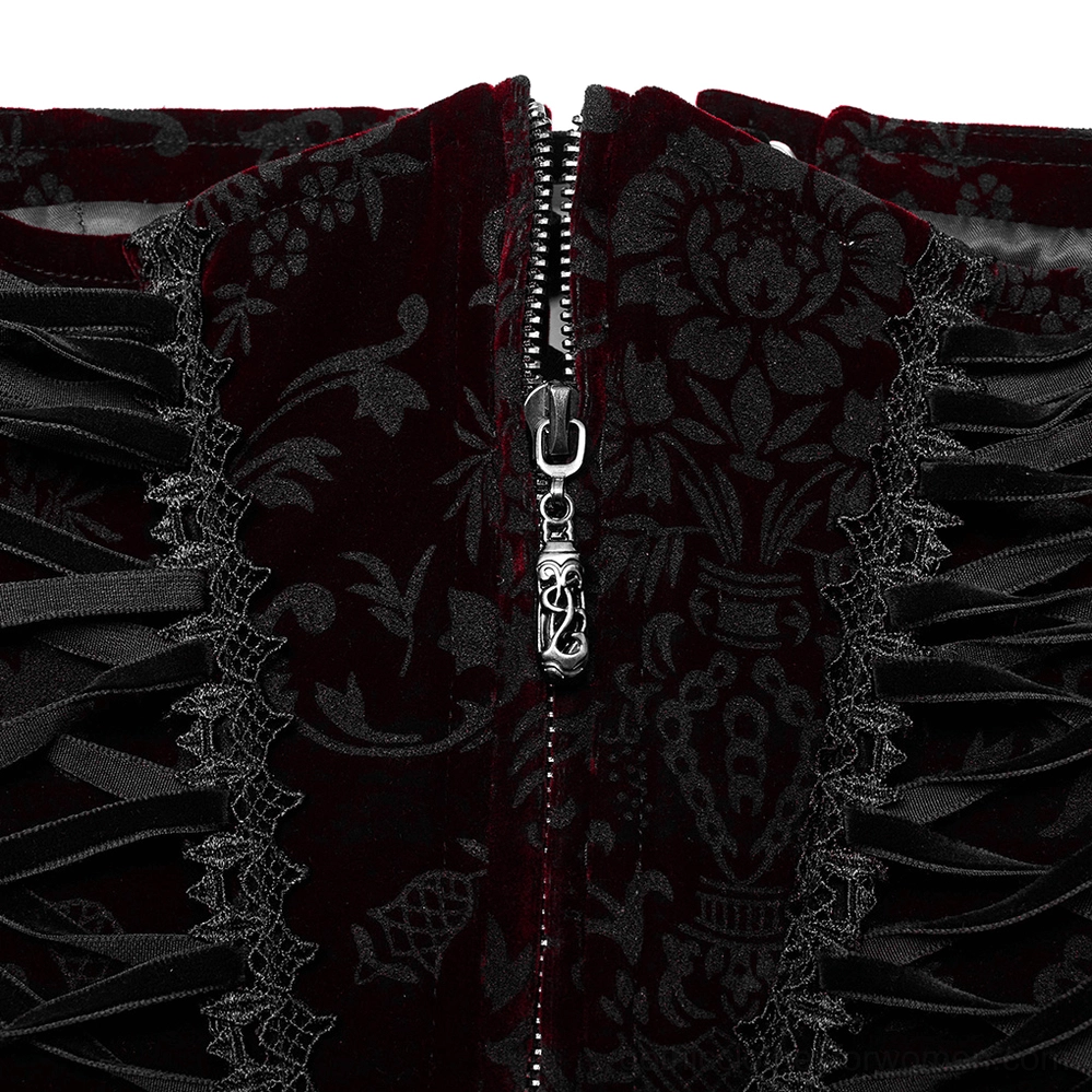 Ornate metal zipper pull on black floral velvet gothic corset