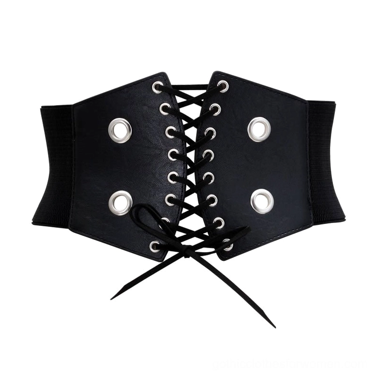 Black gothic lace-up corset waist belt with silver metal rivets and eyelets, front flat lay view showing full width design