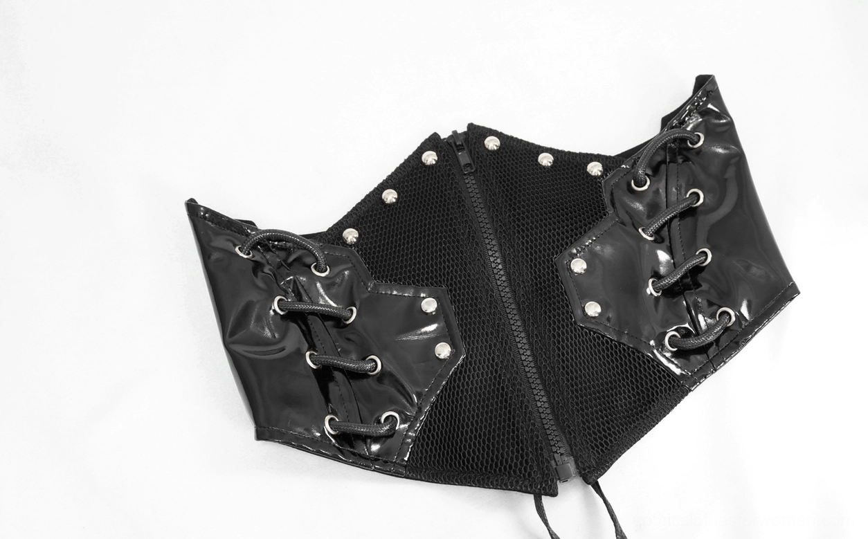 Black gothic corset waist belt with woven faux leather and silver rivet embellishment, premium detail view