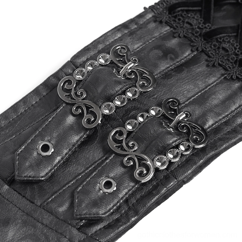 Gothic corset waist maxi skirt showing romantic lace and velvet fabric combination on display