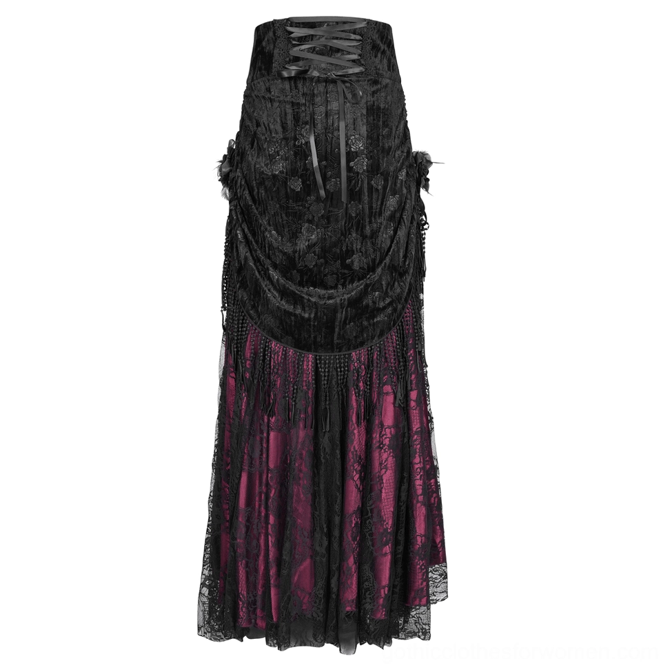 Corset-style gothic skirt front view featuring lace-up corset waist, draped velvet front panel, and ornate black floral lace overlay