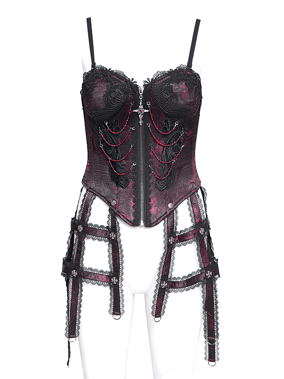 Gothic corset bustier with zip front detail, cross center charm, and decorative bead chain embellishments on mannequin