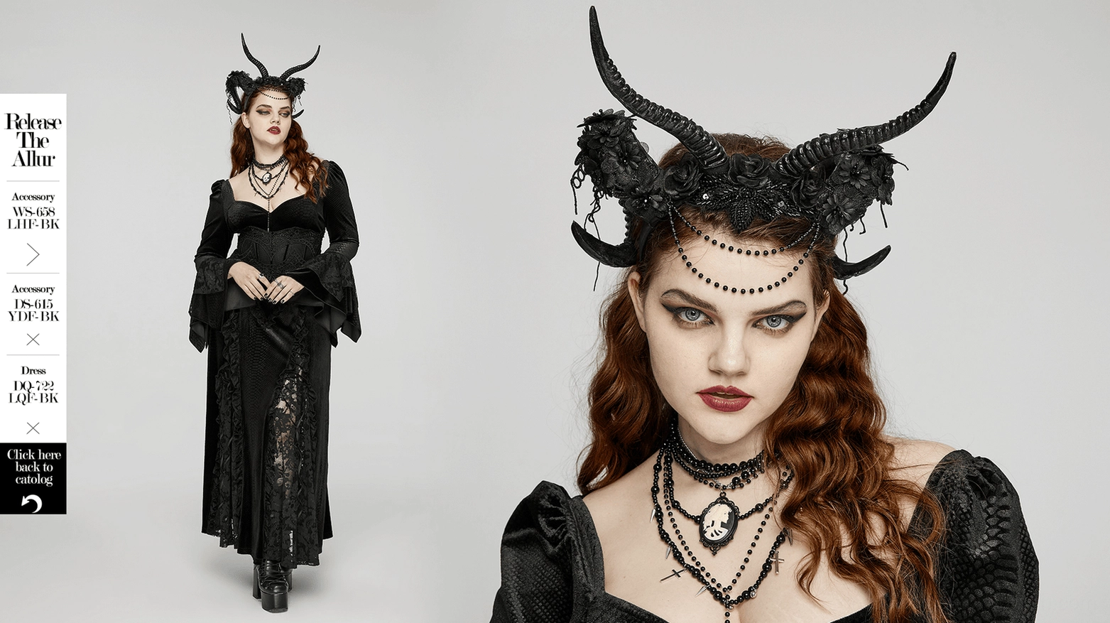 Gothic costume headpiece with curved ram horns, lace flowers, and beaded details for alternative fashion and goth events