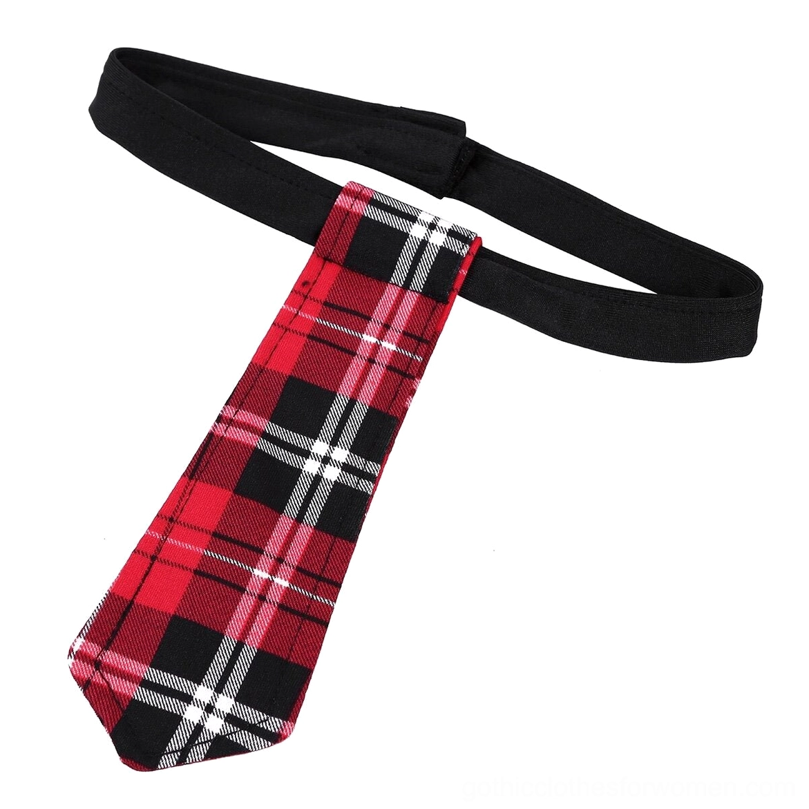 Matching red black plaid necktie accessory with velcro fastener and elastic band for gothic costume