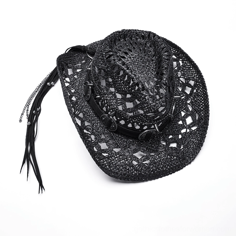Flat lay of black gothic cowboy hat - top-down view showing tassel trim and overall hat construction