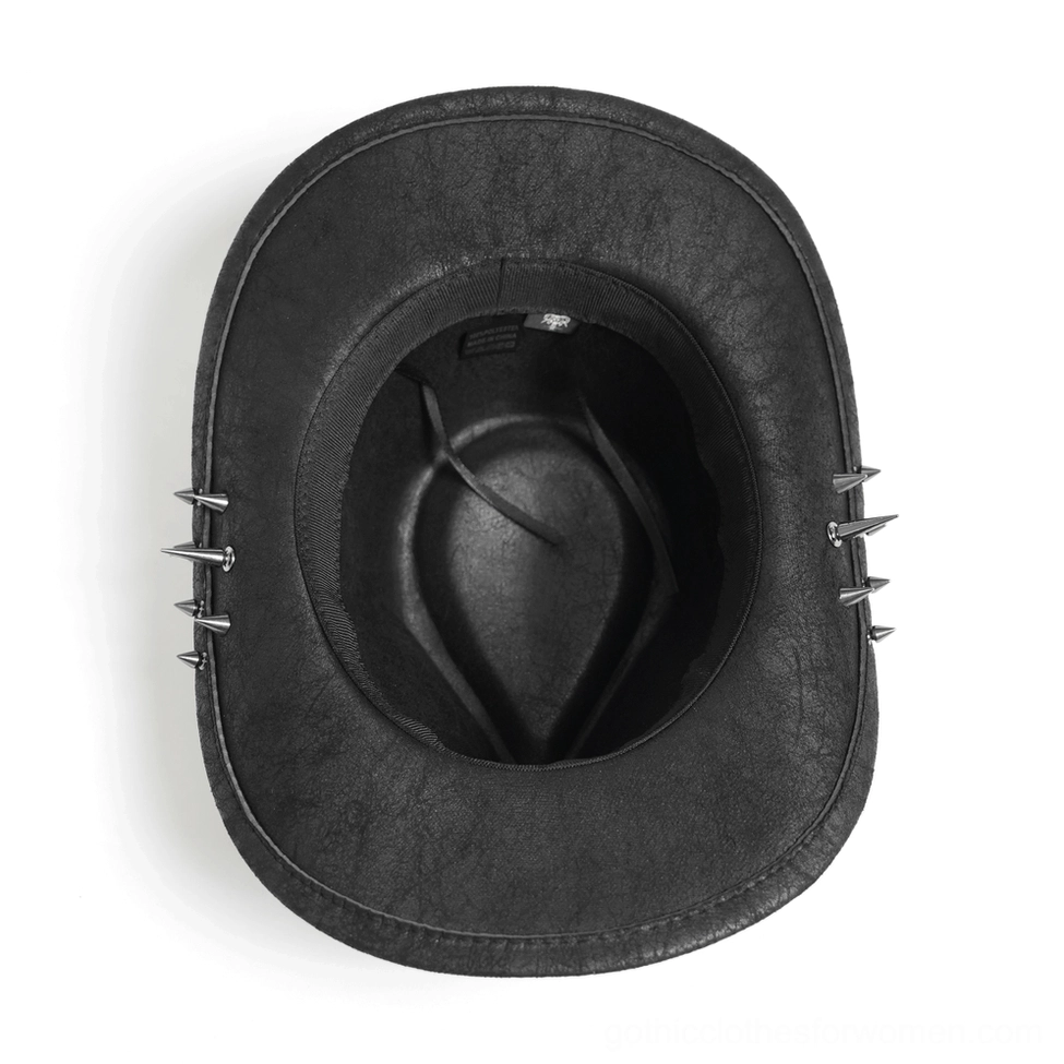 Black faux leather gothic cowboy hat interior top-down view showing adjustable fit mechanism