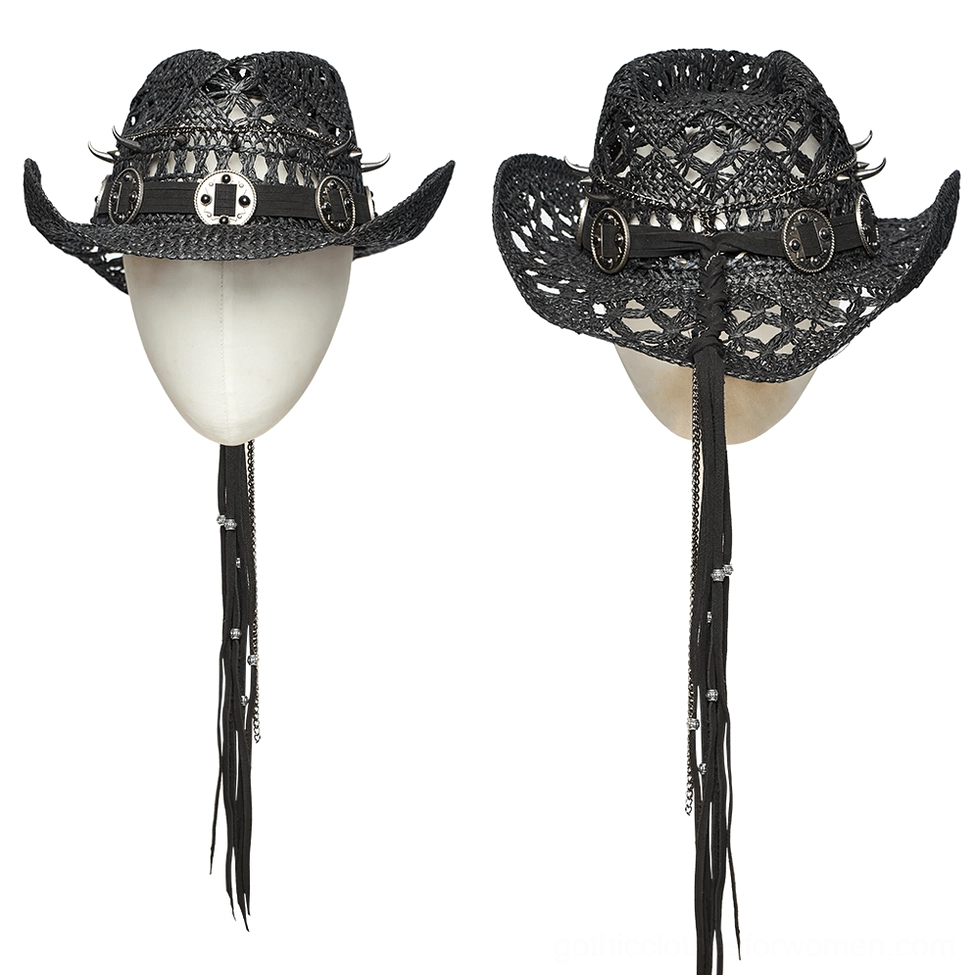 Black gothic cowboy hat side and rear display view - mannequin styling showing long tassel and metal medallions