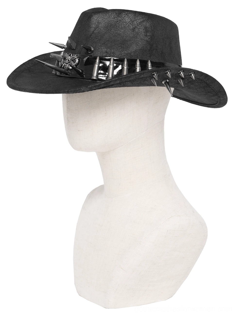 Black faux leather gothic cowboy hat side profile on mannequin showing metal spike decorations
