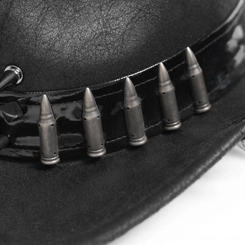 Black faux leather gothic cowboy hat mannequin display showing spike band and crown structure