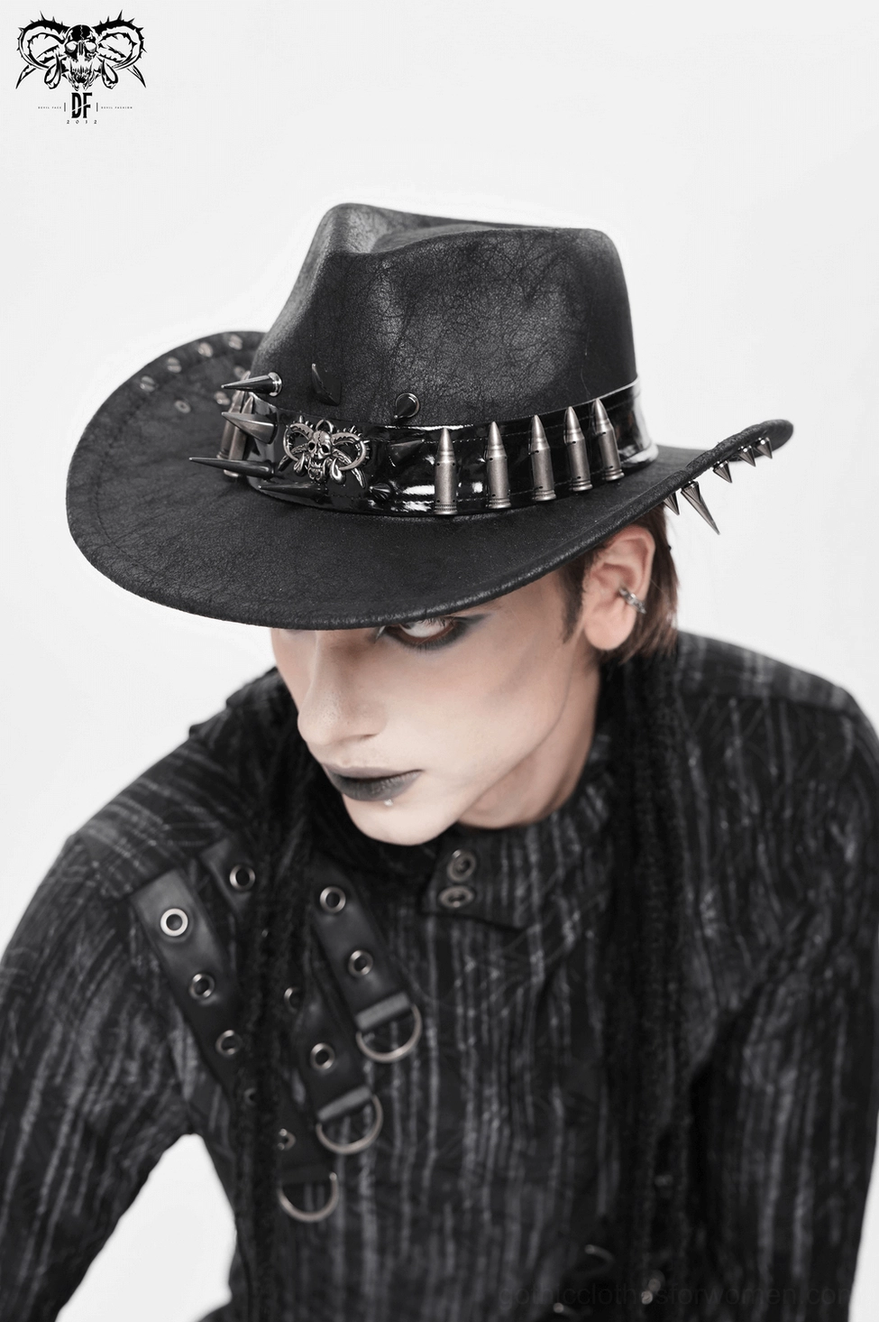 Black faux leather gothic cowboy hat side view detail showing spike placement and band structure