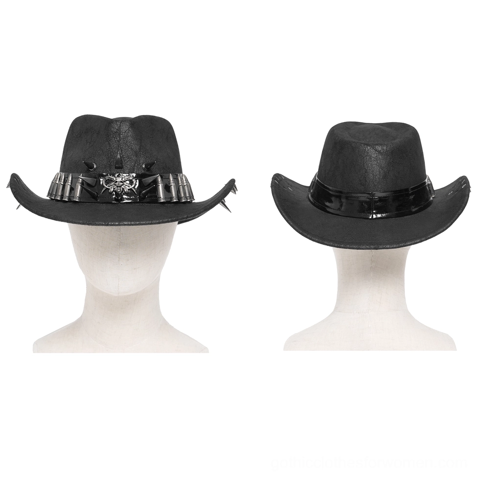 Two black cowboy hat styles comparison on mannequin heads showing spiked and plain leather band versions