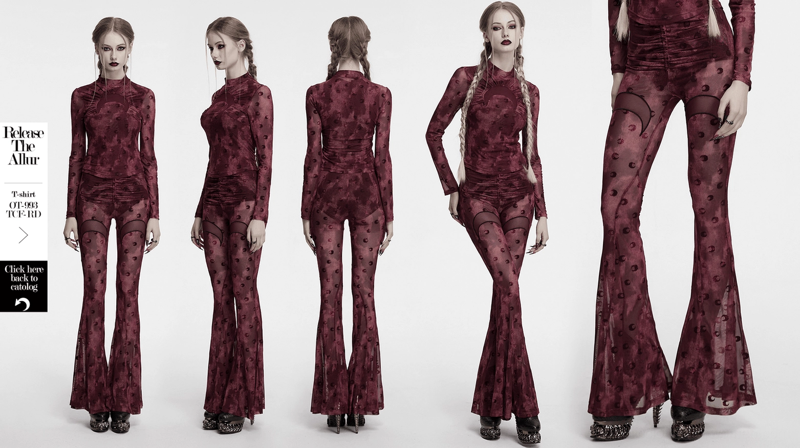 Gothic crescent moon printed mesh flare pants wine red complete product view