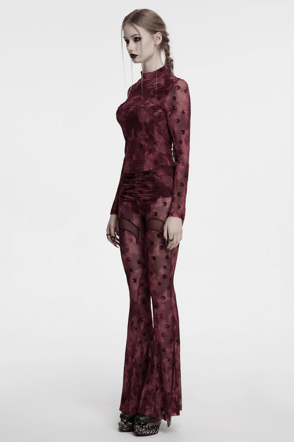 Gothic crescent moon embroidered mesh flare pants full length silhouette