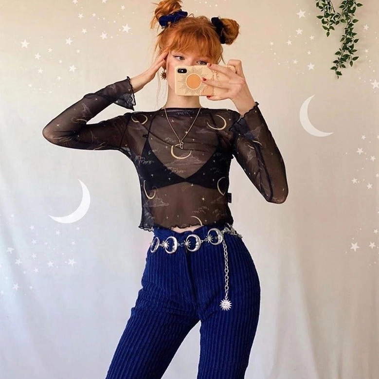 Gothic silver moon and star metal chain belt showing full length with crescent and celestial charm details