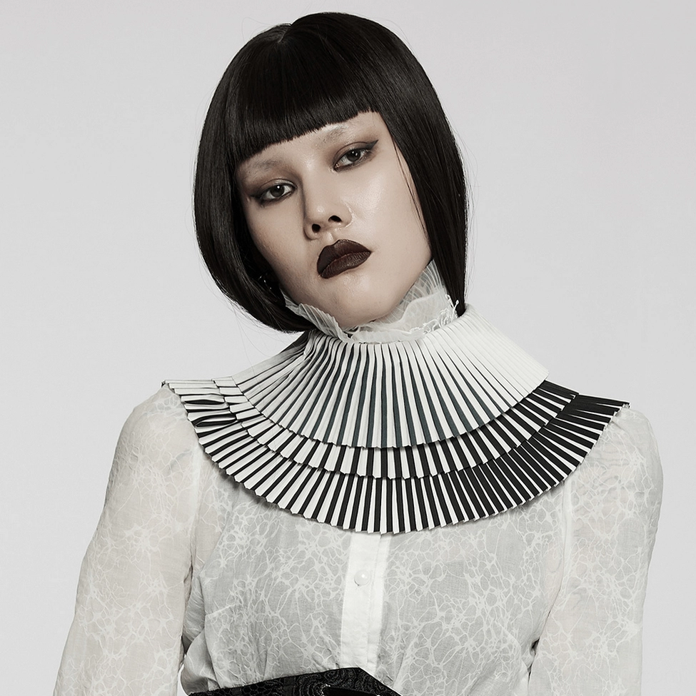 Full product display of gothic crimped detachable bow choker with all attachments and accessories