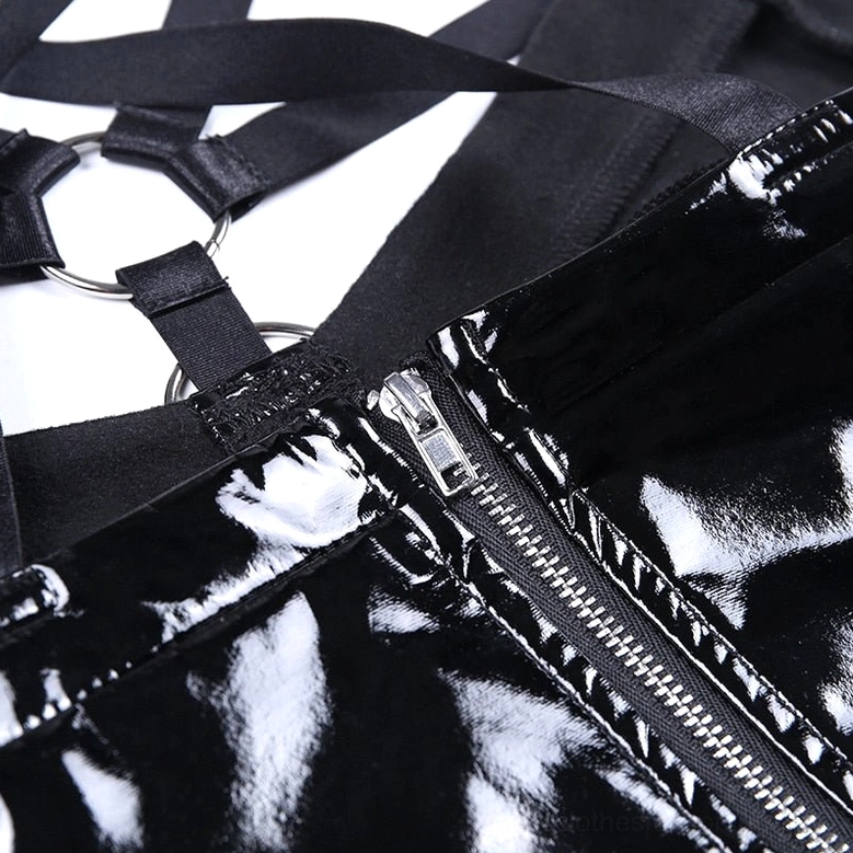 Side profile of gothic crop cami harness system showing metal buckles and webbing strap adjustment