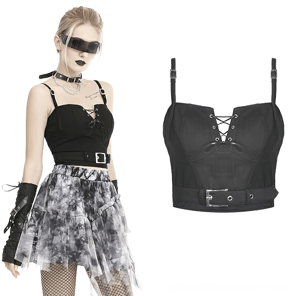 Gothic crop corset styled with layered necklaces and fishnet stockings, alternative fashion styling