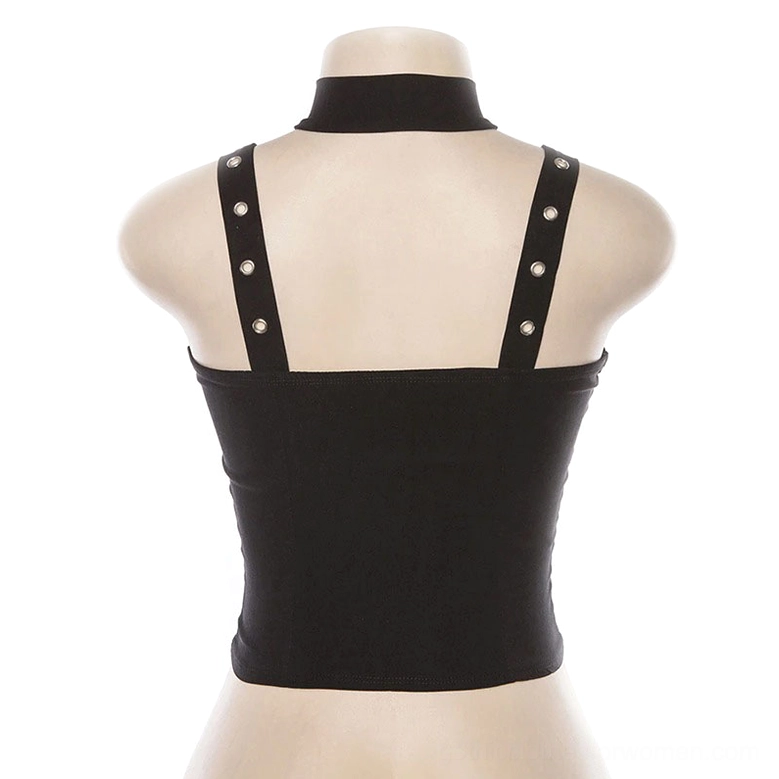 Back view of black gothic crop corset tank top showing rivet-adorned straps and backless cropped design on mannequin