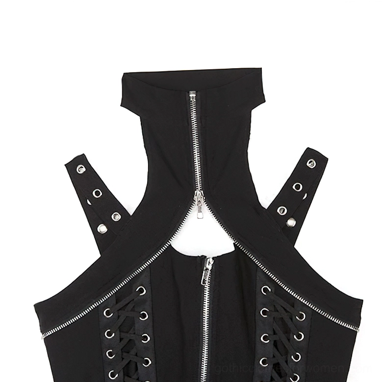 Flat lay overhead view of black gothic crop corset top showing double front zippers, halter cutout, stand collar, and side lace-up on white background