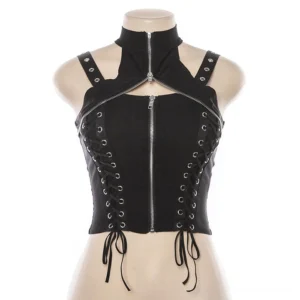 Front view of black gothic crop corset top on mannequin, showing stand collar, dual front zippers, and side lace-up trim against white background