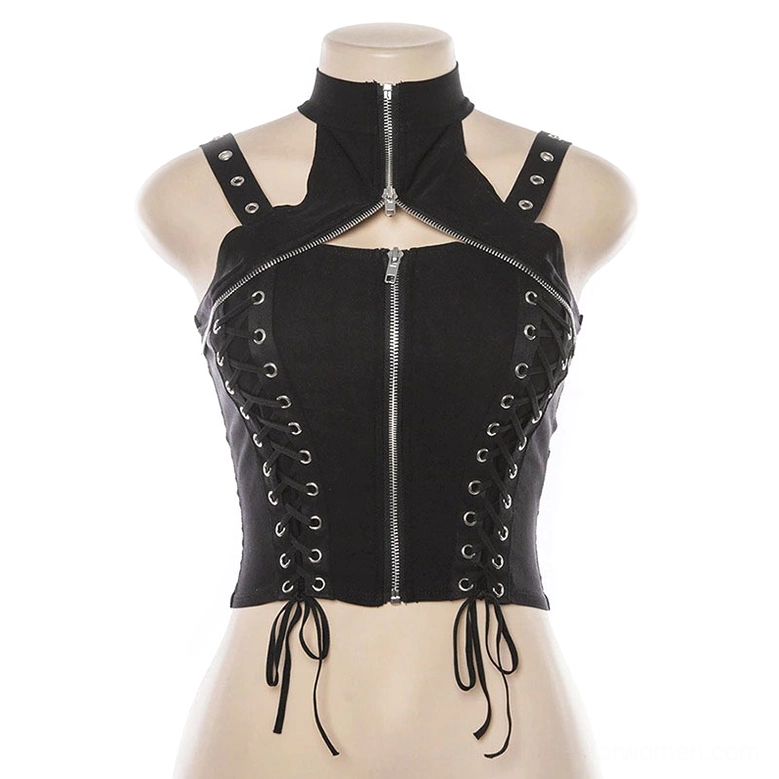 Front view of black gothic crop corset top on mannequin, showing stand collar, dual front zippers, and side lace-up trim against white background