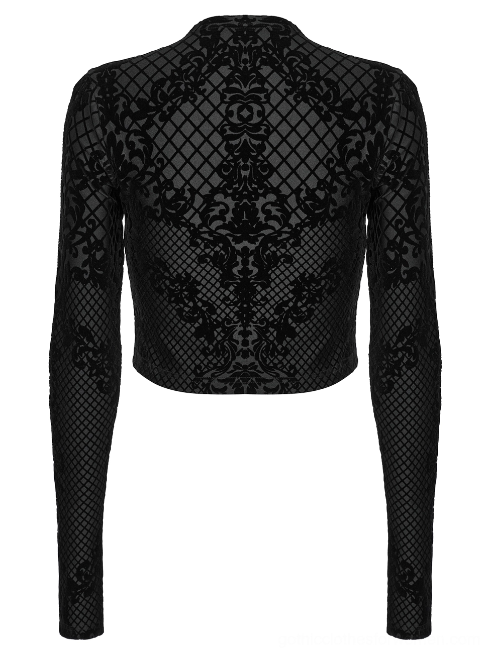Black gothic crop jacket rear flat lay showing damask grid flocking pattern and stand collar