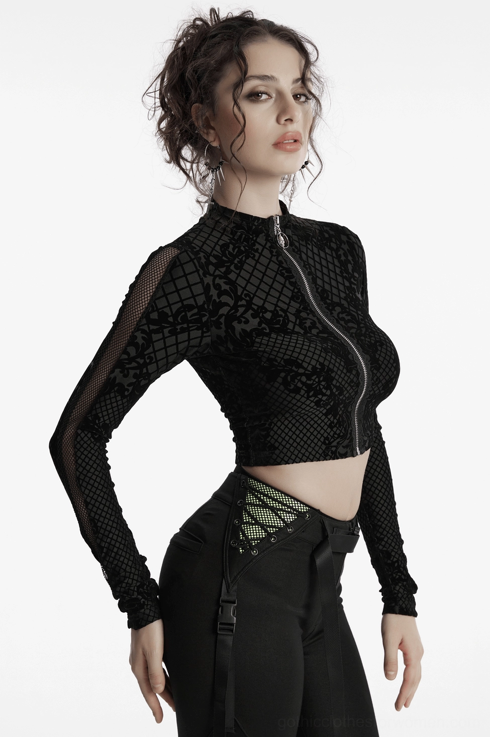 Gothic crop jacket styling detail showing mesh panel integration and cropped hem design