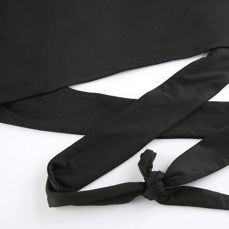 Close-up of adjustable knotted tie waist strap on black gothic crop tank top - waist closure detail
