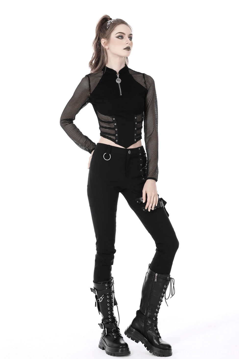 Black gothic mesh crop top ensemble with alternative fashion styling and dark palette