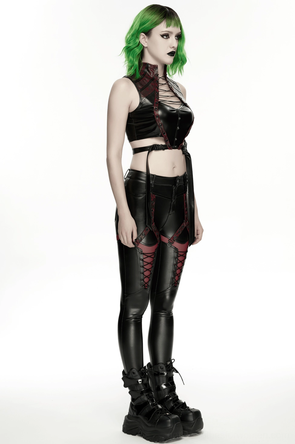 Lace-up faux leather gothic crop top showcasing architectural design and gothic aesthetic elements