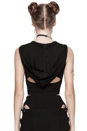 Rear view of black gothic hooded crop top showing strategic lower back cutout and attached hood design on female model