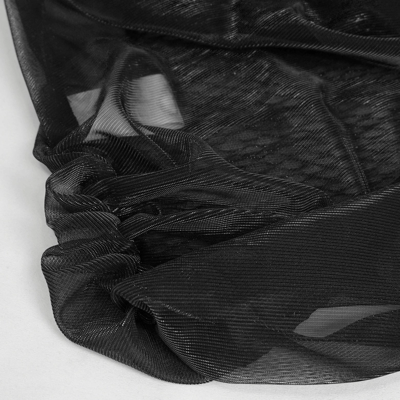 Black gothic mesh crop top back detail view showing crisscross sheer mesh and architectural design on model