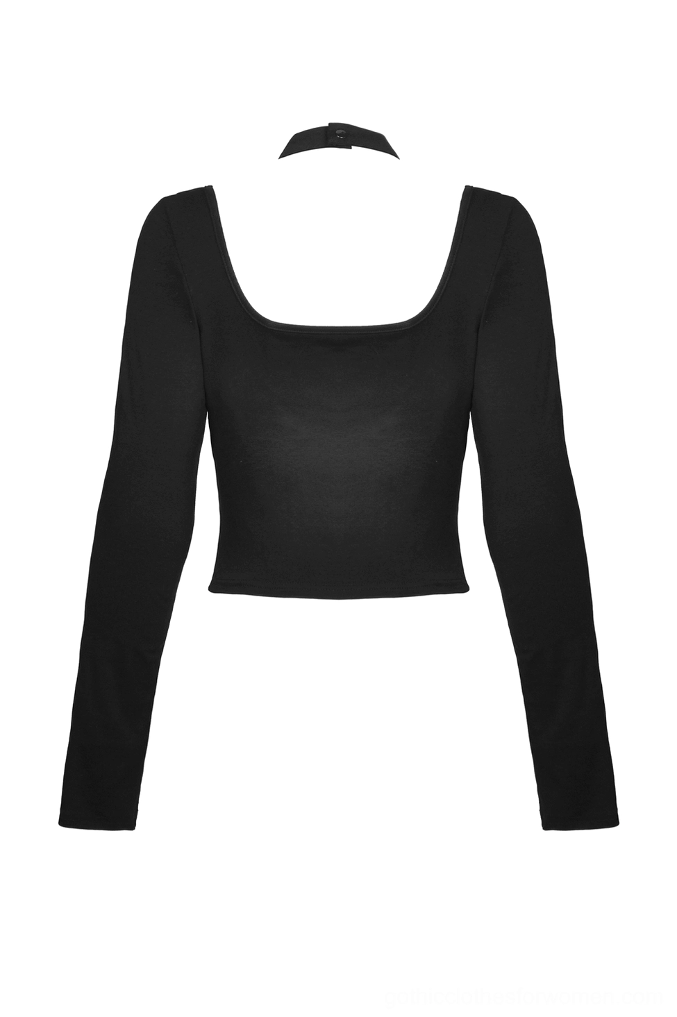 Gothic crop top back flat lay, black solid fabric, square back neckline, long sleeves