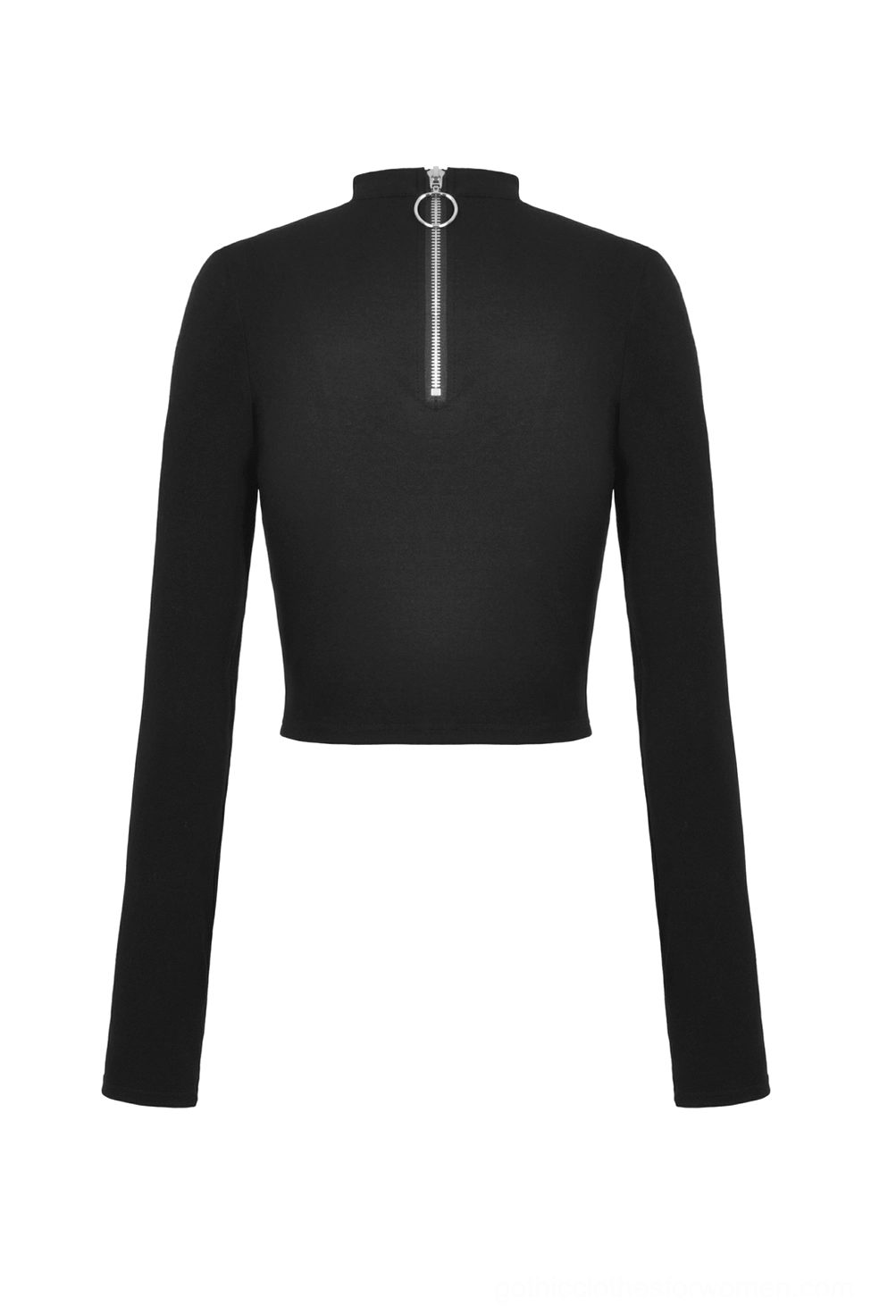 Gothic crop top back flat lay showing mock neck collar, back zipper closure, and long fitted sleeves
