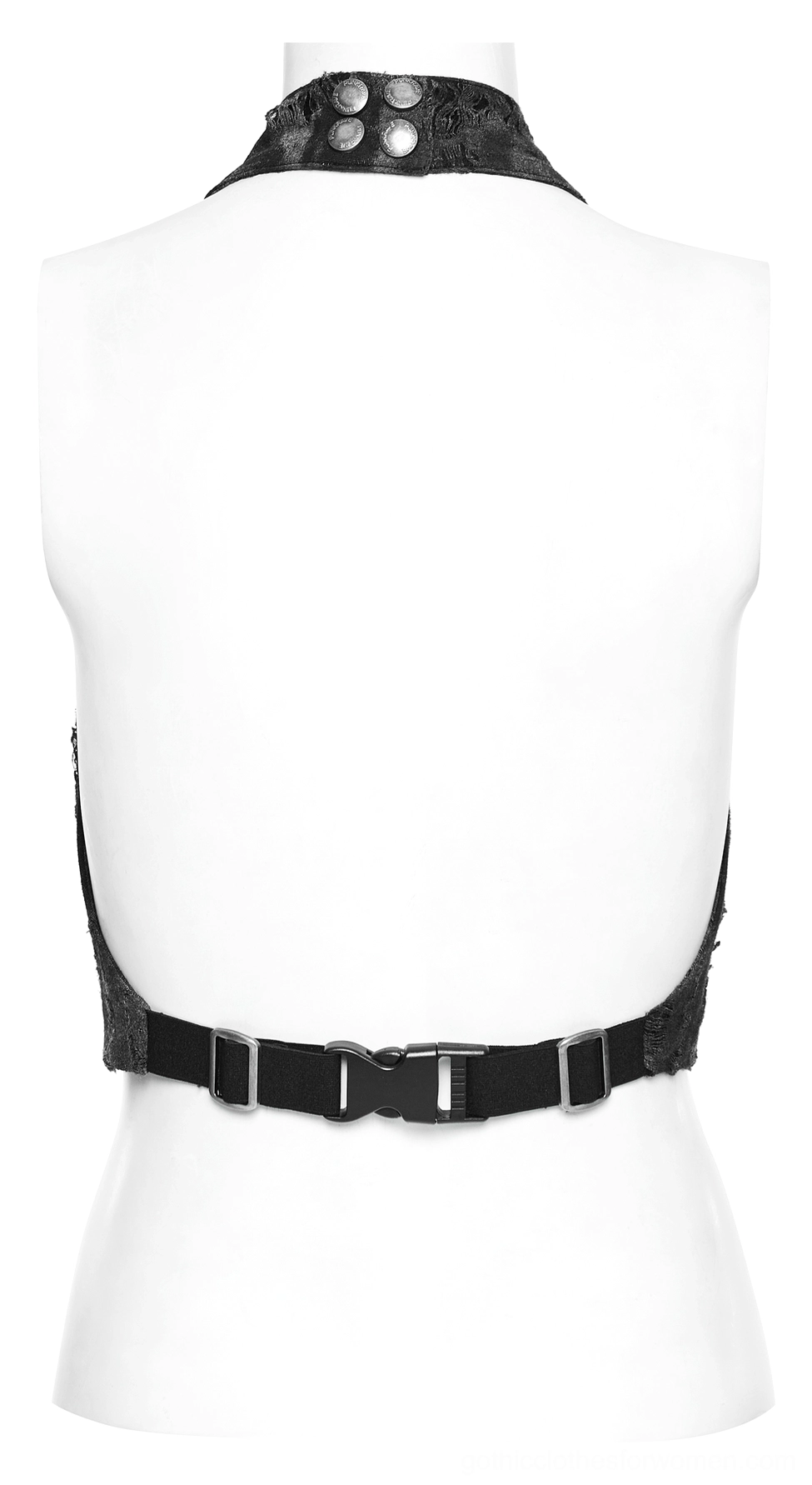 Rear hardware detail of gothic halter crop top featuring buckled neck strap, adjustable waist belt, and distressed fabric construction