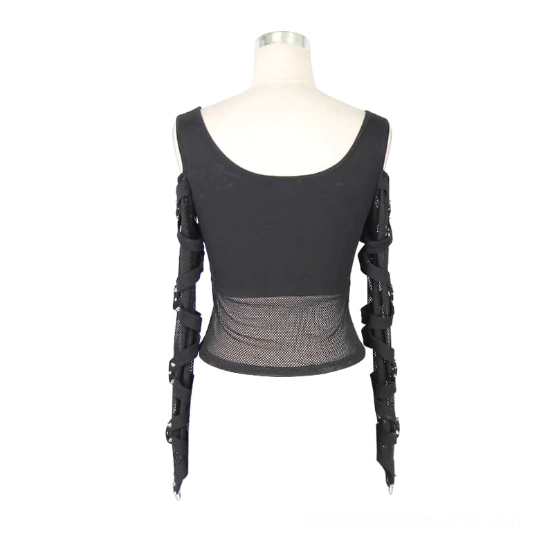 Black gothic crop top back view on mannequin, showing dual studded sleeve straps and mesh lower back panel