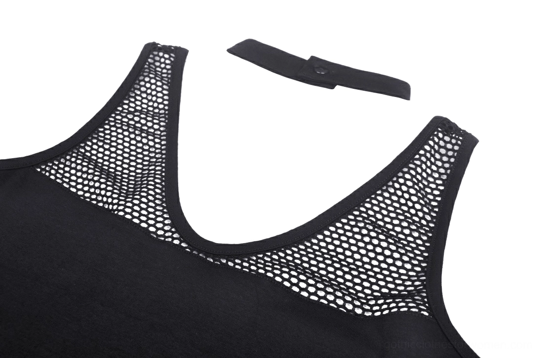 Side close-up of U-shaped back mesh ribcage panel with halter strap attachment