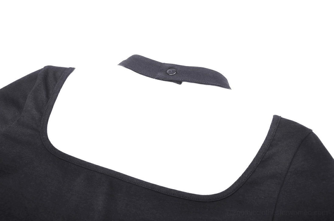 Black fabric strap and choker hardware detail, back neck closure of gothic mesh crop top