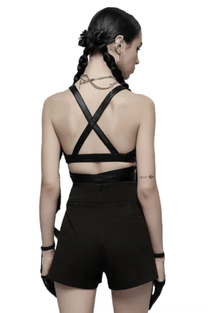 Black gothic faux leather crop top back view showing criss-cross straps and buckle closure