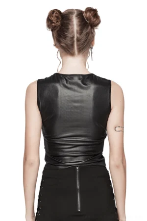 Back view of gothic mesh crop top showing faux leather panel, model wearing matching black punk skirt