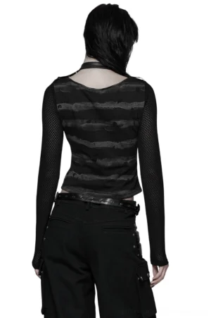 Distressed stripe mesh crop top rear view showing exposed lower back, fishnet sleeves, and gothic styling on model