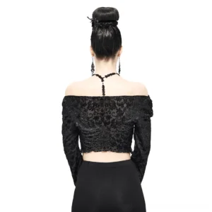 Back view of gothic crop top showing halter neck strap, off-shoulder design, and delicate lace sleeves on model