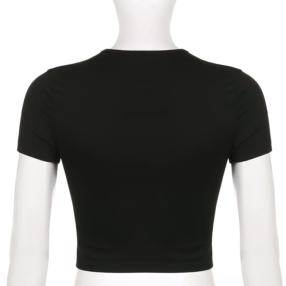 Black gothic wings crop top back view on dress form - plain solid black back with short sleeves and cropped hem