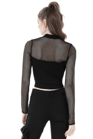 Gothic crop top back view showing fishnet mesh yoke and cropped hem design on model