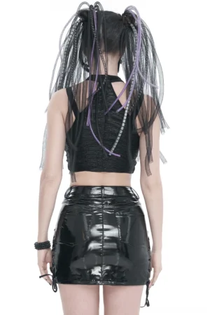 Black gothic crop top back view with cutout details, styled with patent leather mini skirt and dark aesthetic
