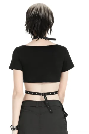 Alternative punk crop top back view showing exposed back detail and metal eyelet strap