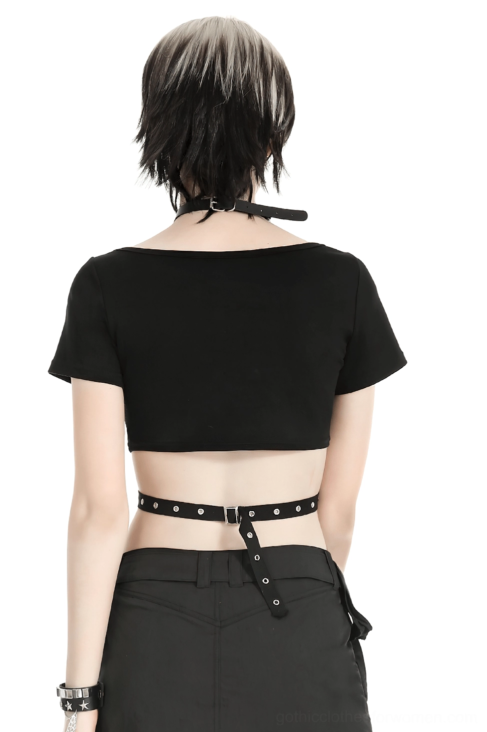 Alternative punk crop top back view showing exposed back detail and metal eyelet strap