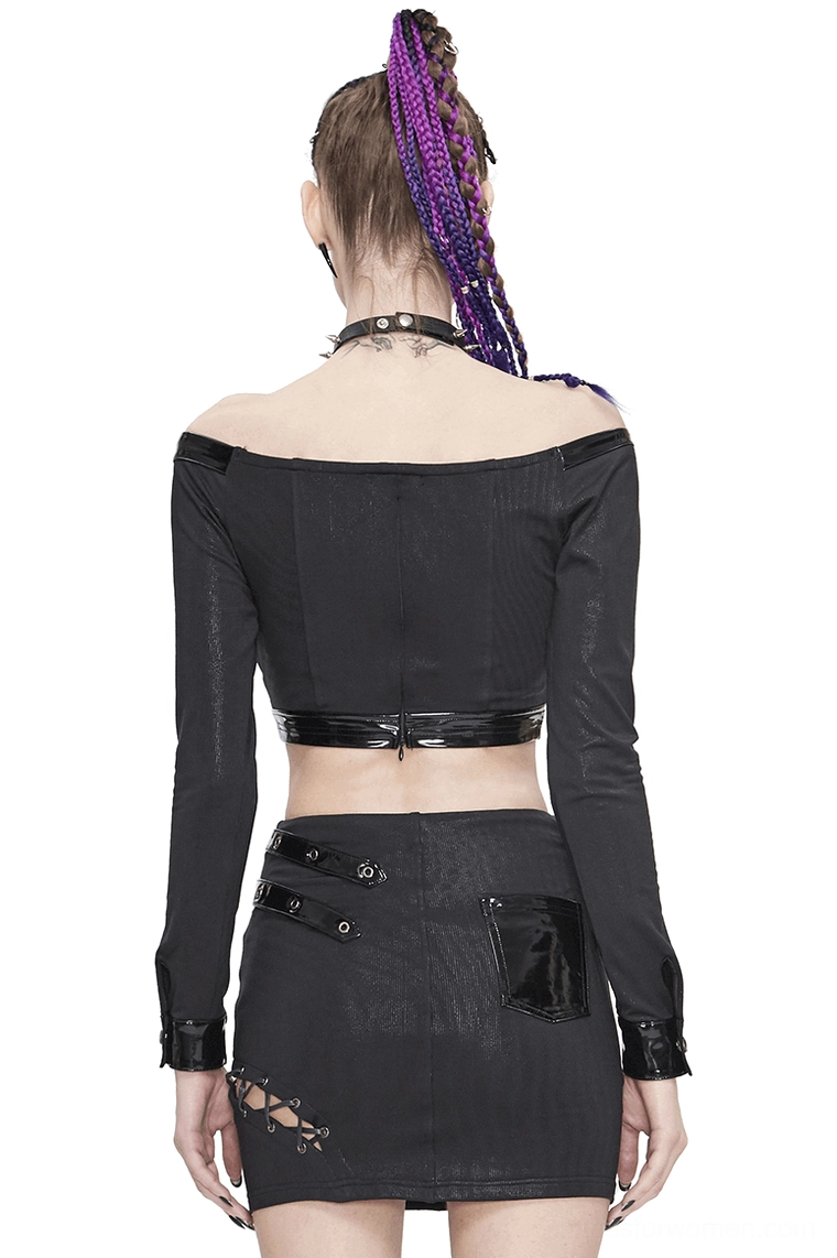 Back view of gothic crop top showing hidden zipper closure and off-shoulder design with purple braided hair model