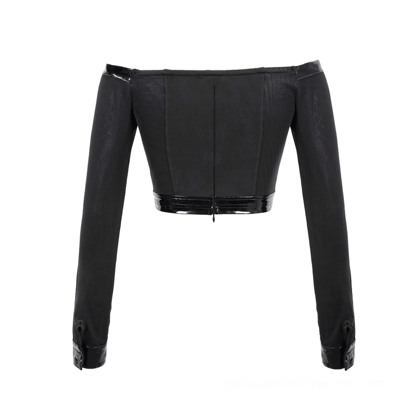 Back flat lay of gothic crop top displaying hidden zipper and patent leather waist band detail