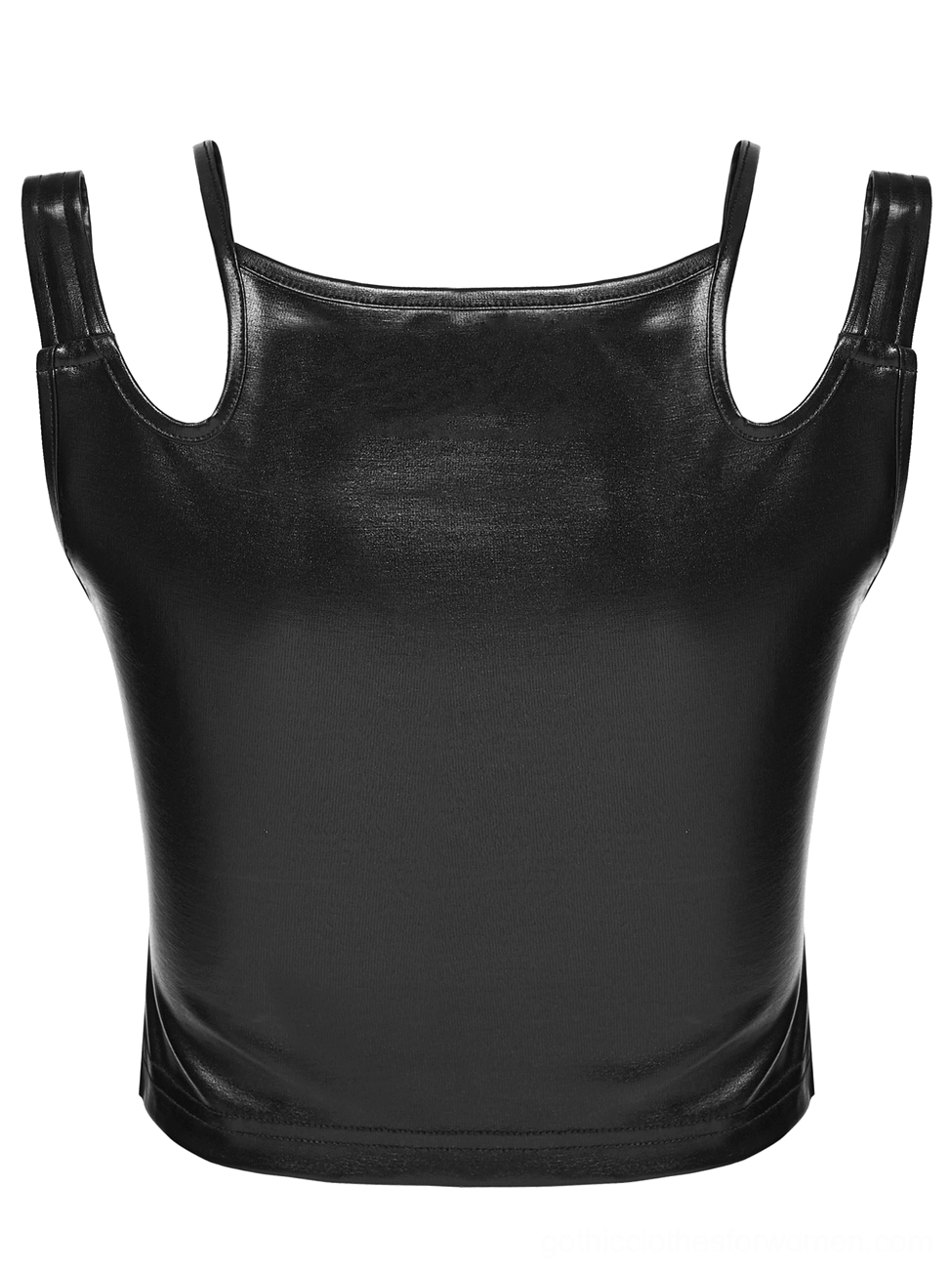 Black rubberized gothic crop top back flat lay view with matte black fabric and buckled shoulder straps